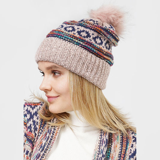 HATEGORY Ethnic Patterned Knit Pom Pom Beanie Hat
