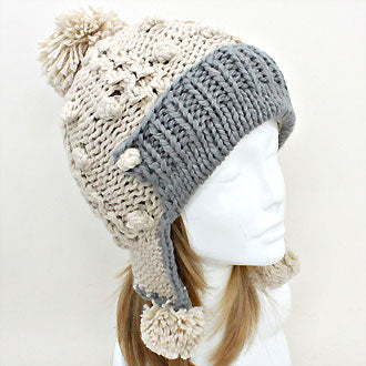HATEGORY Knitted Ear Flap Pom Pom Beanie