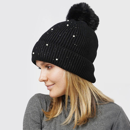 HATEGORY Pearl Embellished Lining Knit Pom Pom Beanie Hat