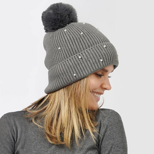 HATEGORY Pearl Embellished Lining Knit Pom Pom Beanie Hat