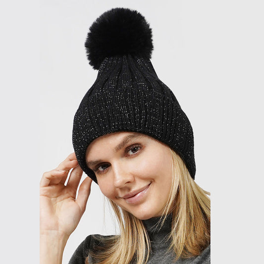 HATEGORY Lurex Ribbed Knit Pom Pom Beanie Hat