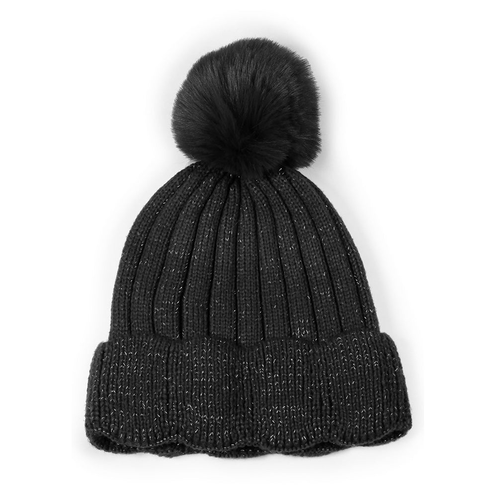 HATEGORY Lurex Ribbed Knit Pom Pom Beanie Hat