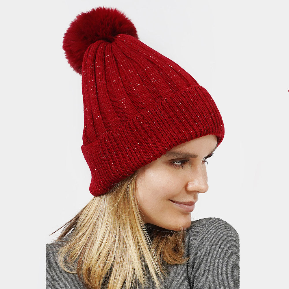 HATEGORY Lurex Ribbed Knit Pom Pom Beanie Hat