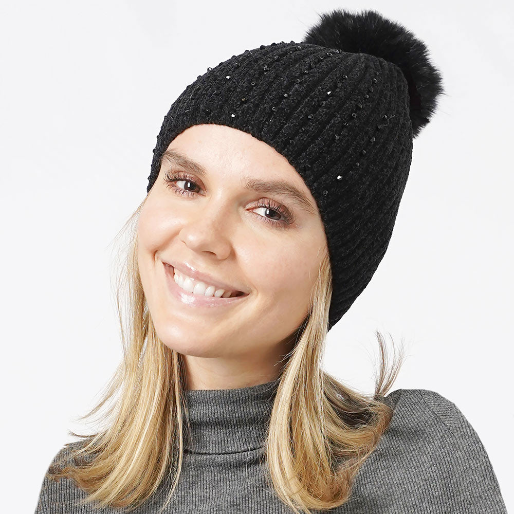 HATEGORY Stone Embellished Chenille Pom Pom Beanie Hat
