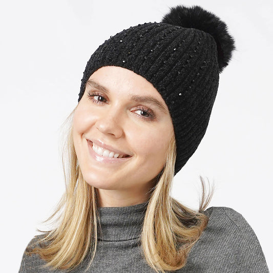 HATEGORY Stone Embellished Chenille Pom Pom Beanie Hat