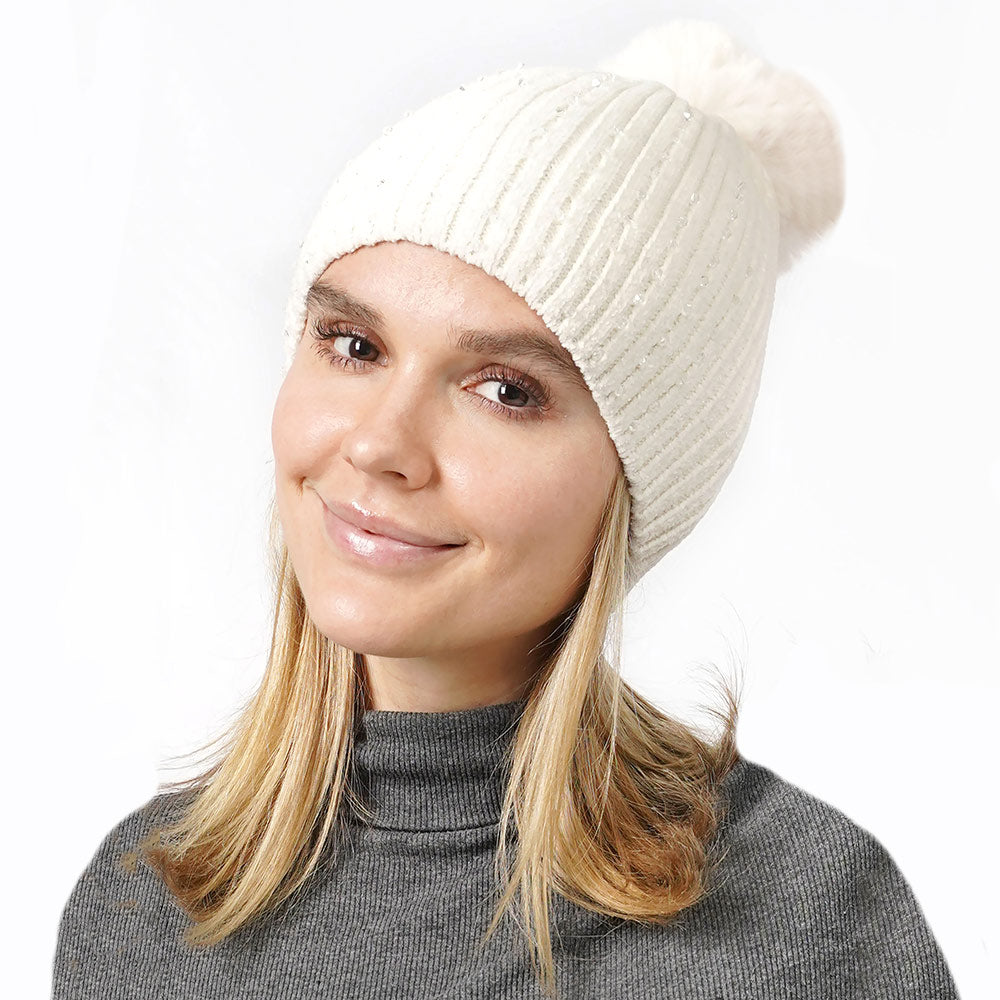HATEGORY Stone Embellished Chenille Pom Pom Beanie Hat