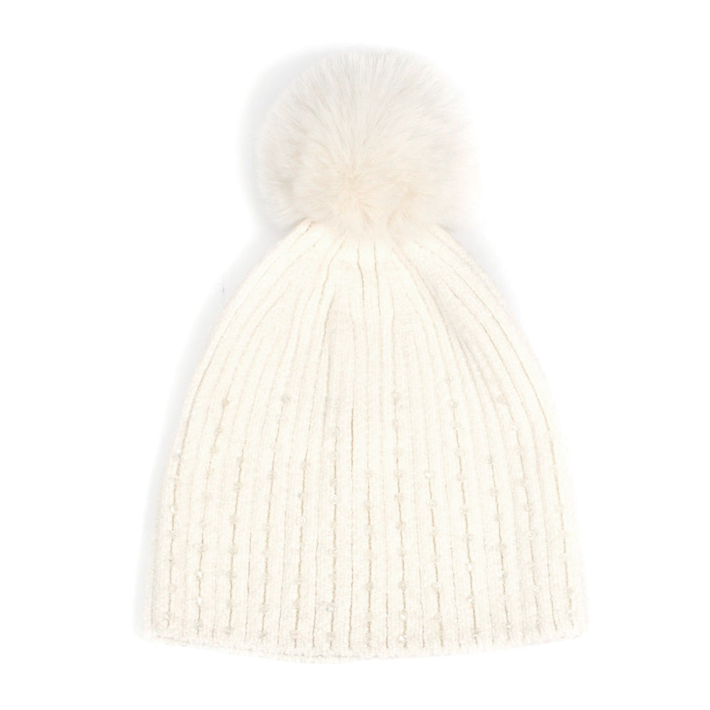 HATEGORY Stone Embellished Chenille Pom Pom Beanie Hat
