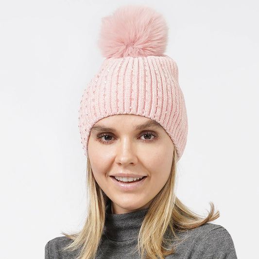 HATEGORY Stone Embellished Chenille Pom Pom Beanie Hat