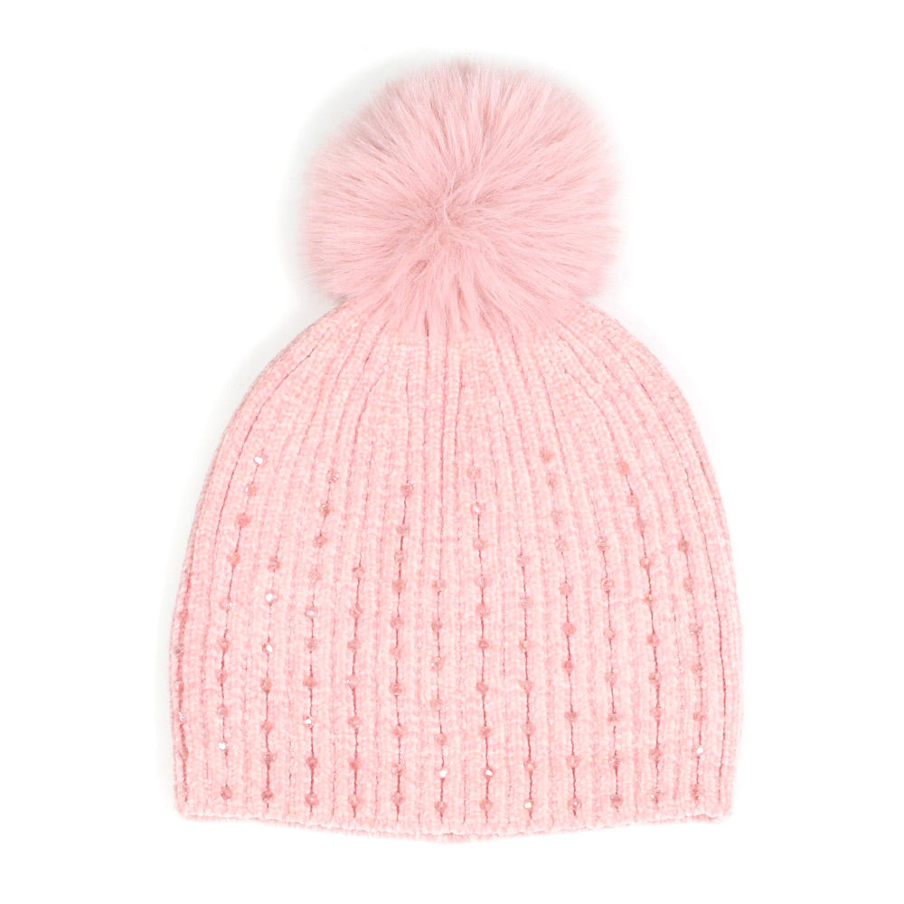 HATEGORY Stone Embellished Chenille Pom Pom Beanie Hat