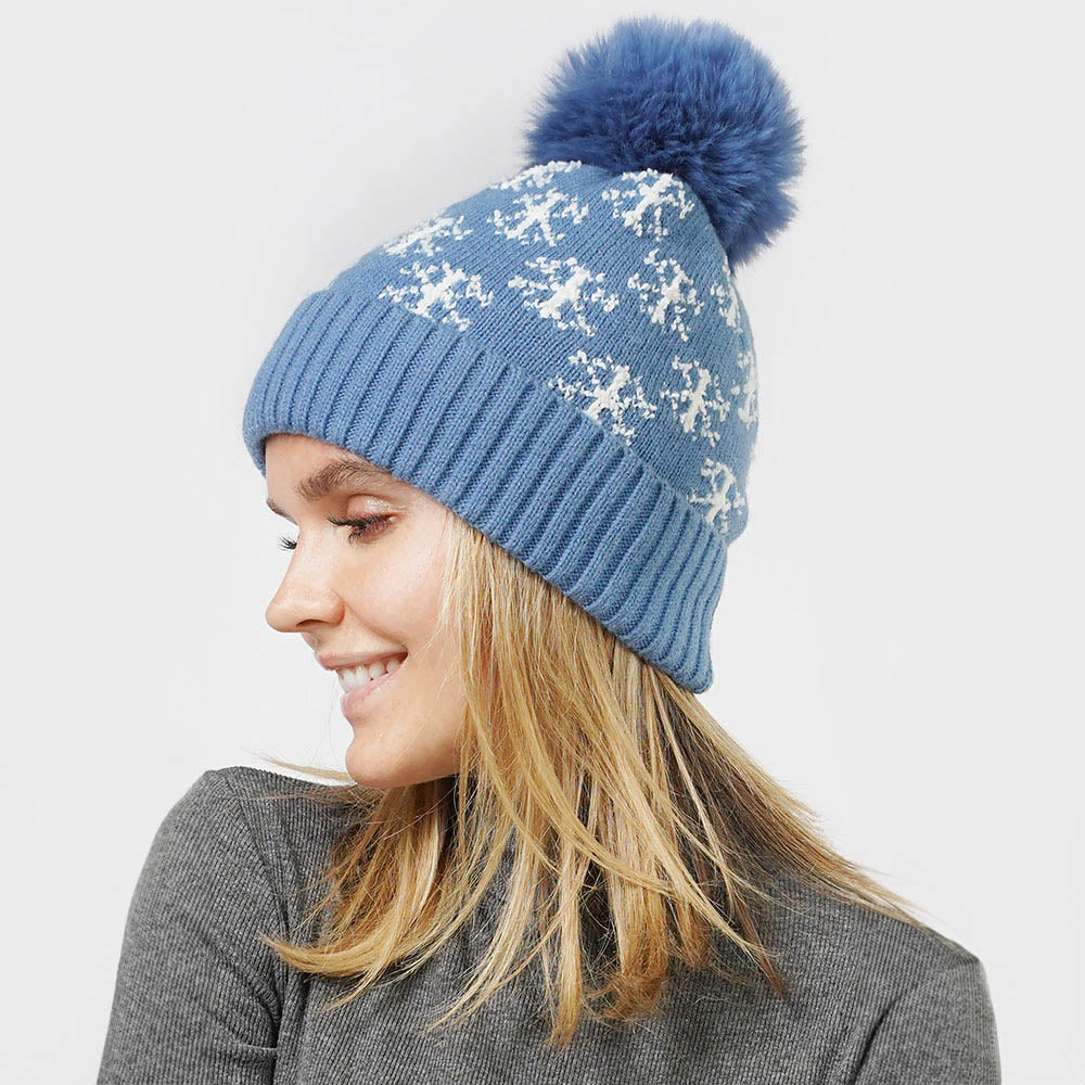 HATEGORY Snowflake Patterned Faux Fur Lining Knit Pom Pom Beanie Hat