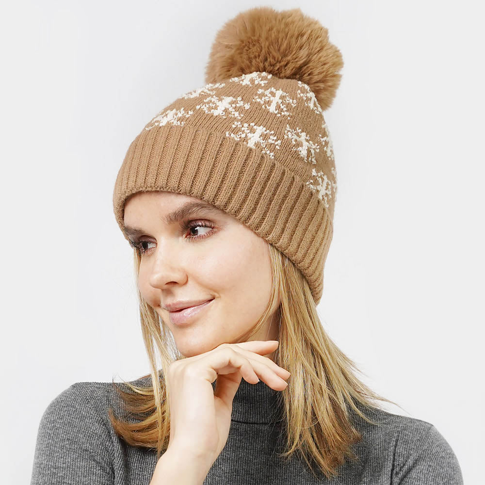 HATEGORY Snowflake Patterned Faux Fur Lining Knit Pom Pom Beanie Hat
