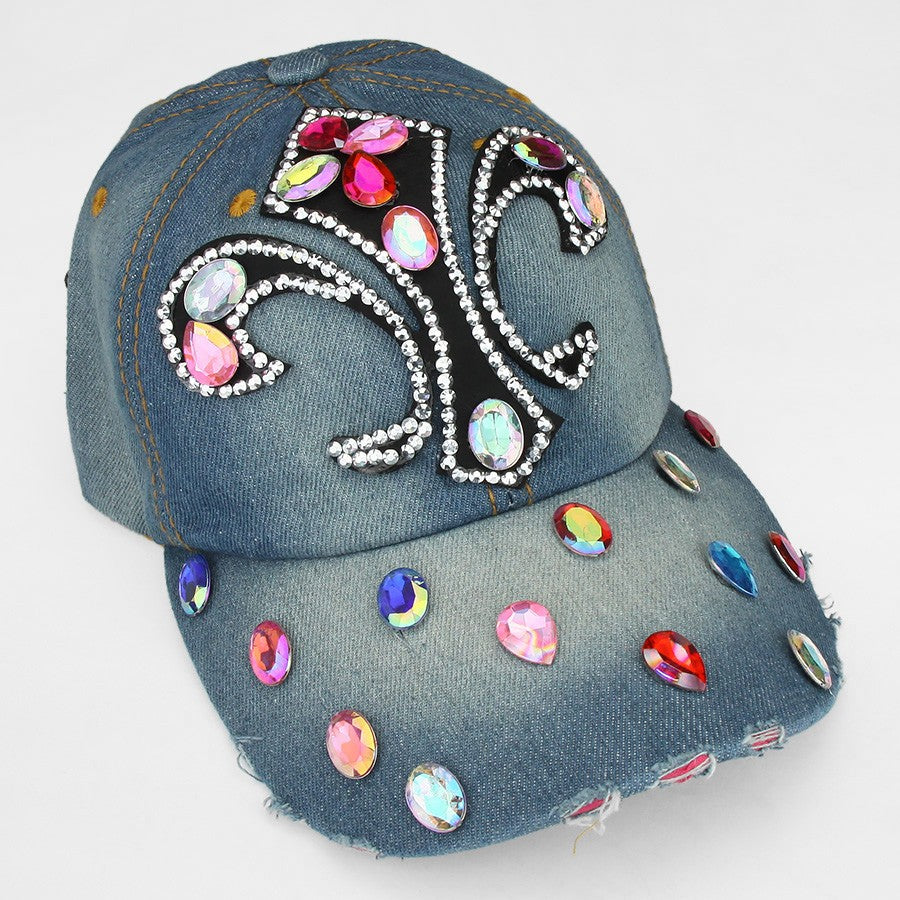 HATEGORY "Fleur de Lis" Embedded Bling Denim Cap