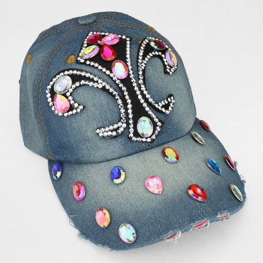 HATEGORY "Fleur de Lis" Embedded Bling Denim Cap