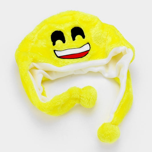 HATEGORY Smiley face emoji furry pom pom earflap hat