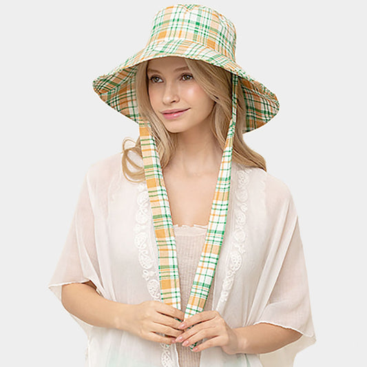 HATEGORY Plaid Check Chin Tie Bucket Hat