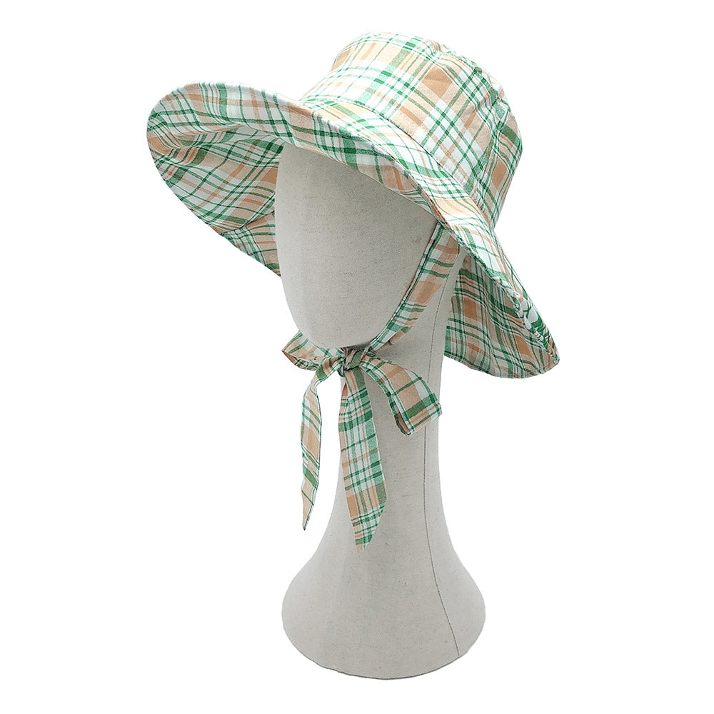 HATEGORY Plaid Check Chin Tie Bucket Hat