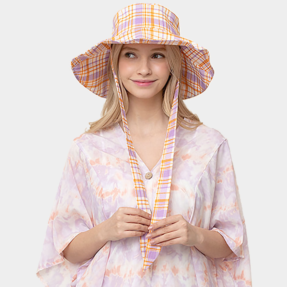 HATEGORY Plaid Check Chin Tie Bucket Hat