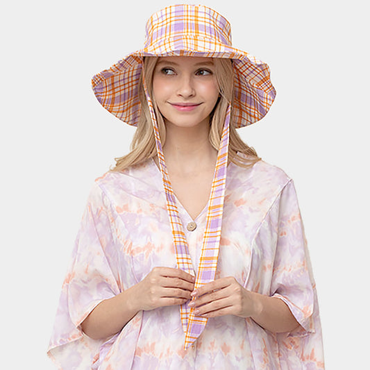 HATEGORY Plaid Check Chin Tie Bucket Hat