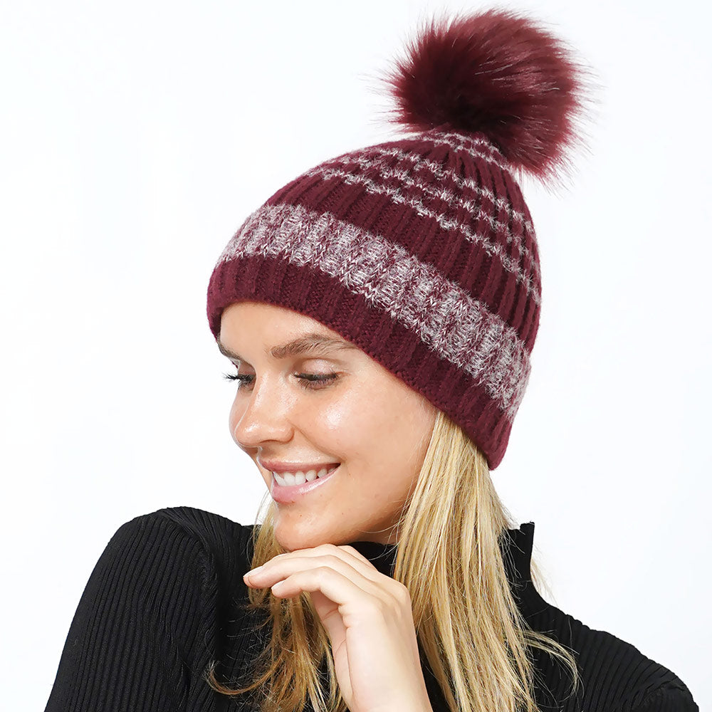 HATEGORY Ribbed Knit Pom Pom Beanie Hat