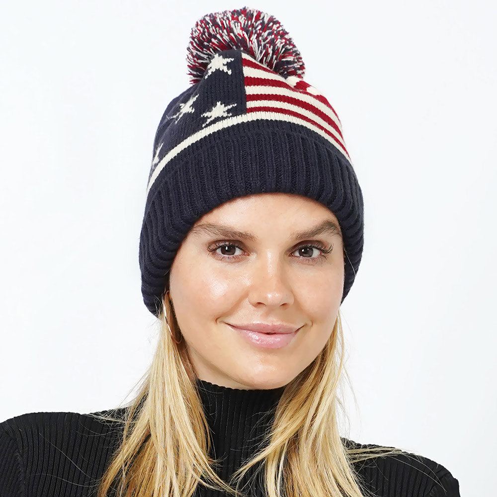 HATEGORY American USA Flag Pom Pom Knit Beanie Hat