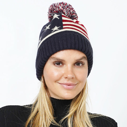 HATEGORY American USA Flag Pom Pom Knit Beanie Hat