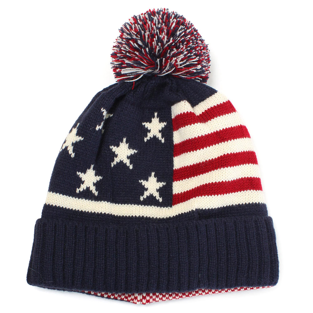 HATEGORY American USA Flag Pom Pom Knit Beanie Hat
