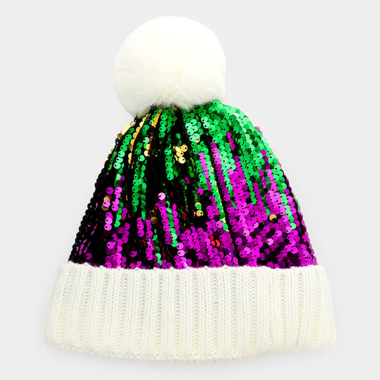 HATEGORY Mardi Gras Sequin Pom Pom Beanie Hat