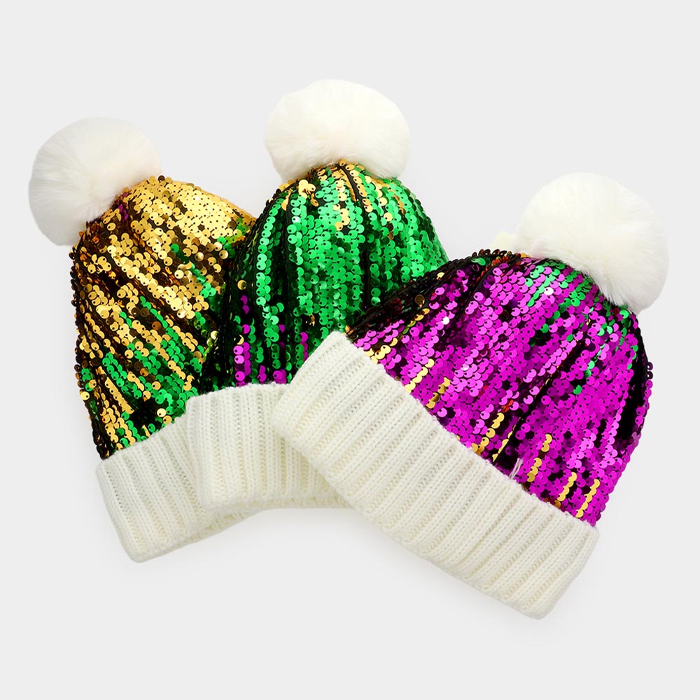 HATEGORY Mardi Gras Sequin Pom Pom Beanie Hat