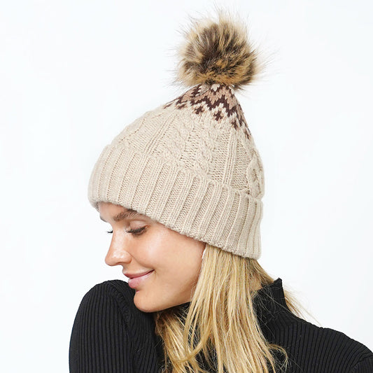HATEGORY Ethnic Knit Beanie with Pom Pom