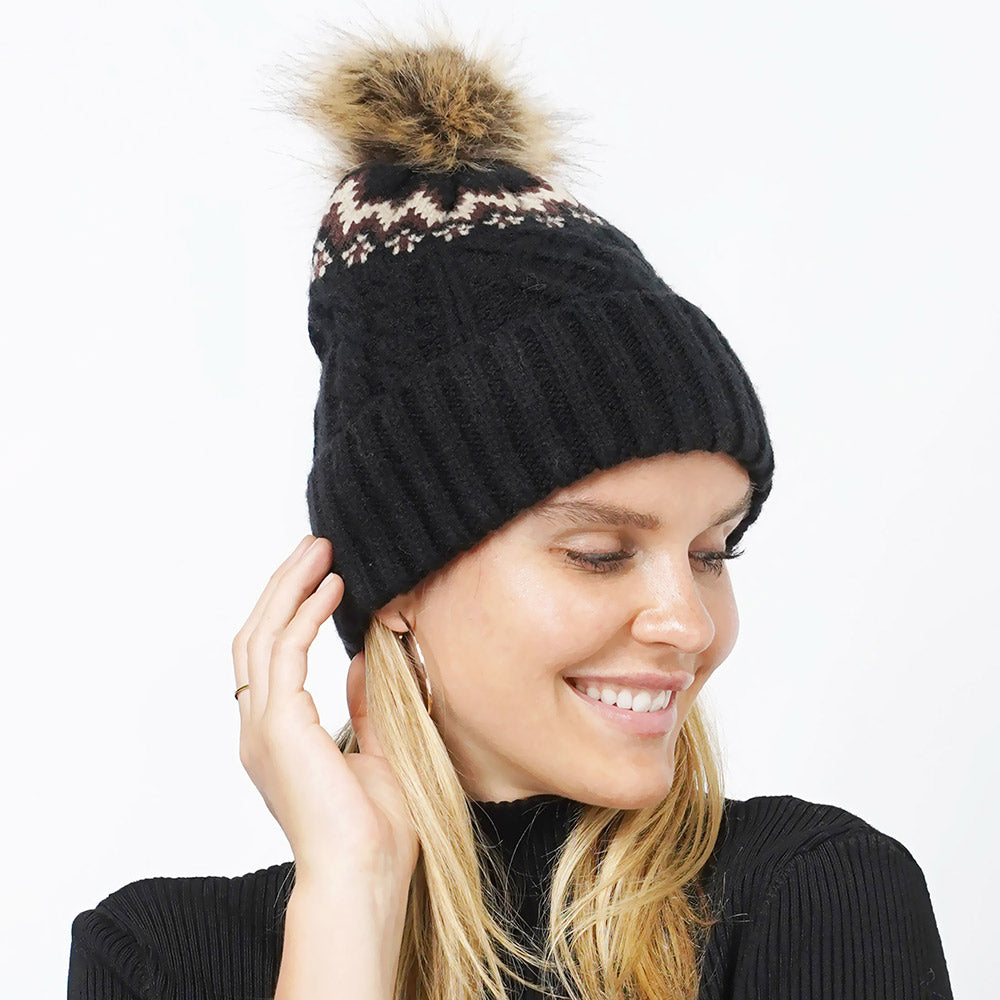 HATEGORY Ethnic Knit Beanie with Pom Pom