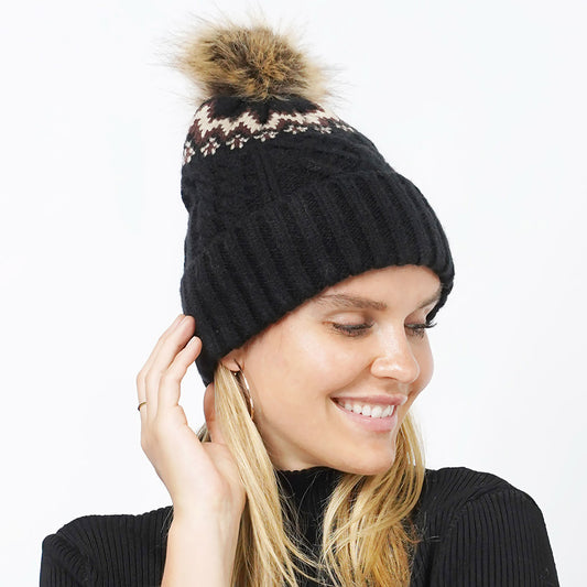 HATEGORY Ethnic Knit Beanie with Pom Pom