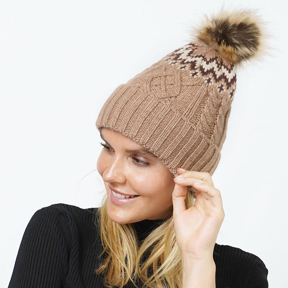 HATEGORY Ethnic Knit Beanie with Pom Pom