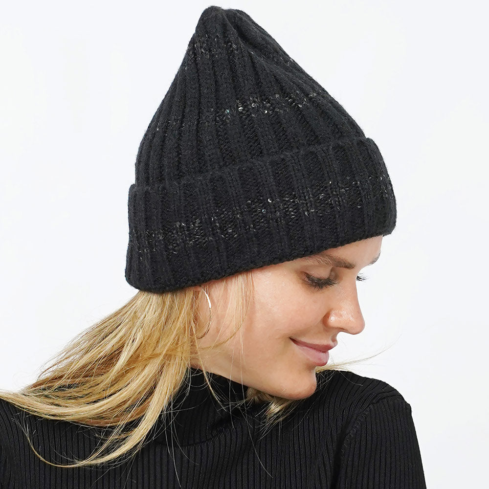 HATEGORY Sequin Stripe Knit Beanie Hat