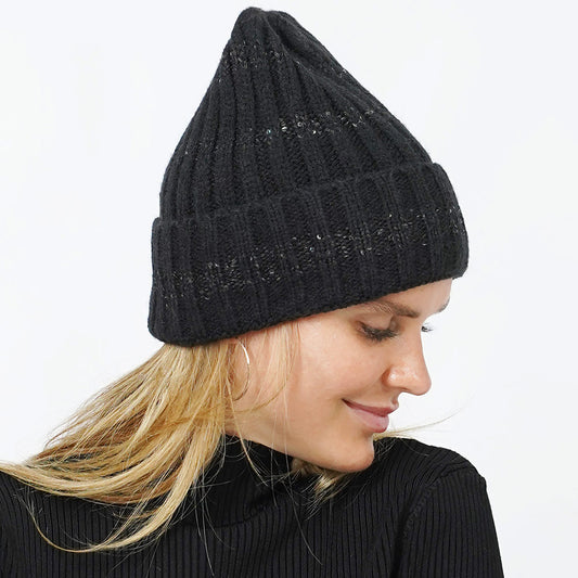 HATEGORY Sequin Stripe Knit Beanie Hat