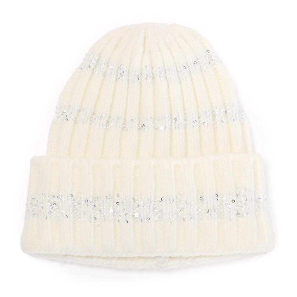 HATEGORY Sequin Stripe Knit Beanie Hat