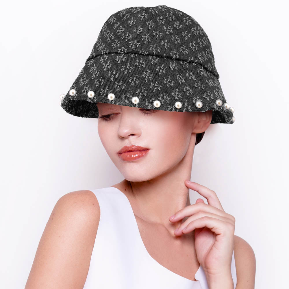 HATEGORY Pearl Embellished Patterned Bucket Hat