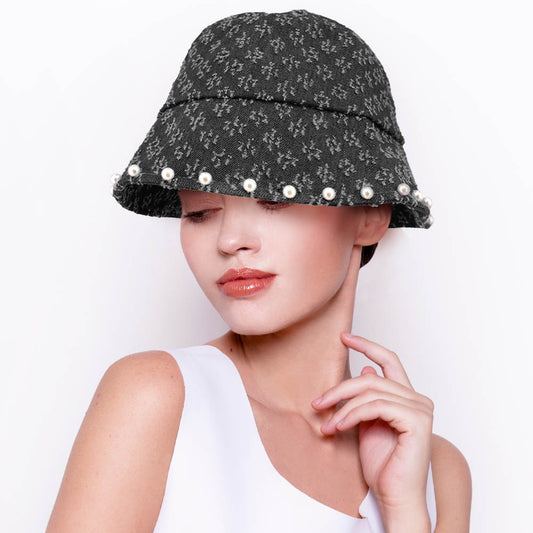 HATEGORY Pearl Embellished Patterned Bucket Hat