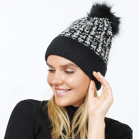 HATEGORY Tweed Look Pom Pom Knit Beanie Hat