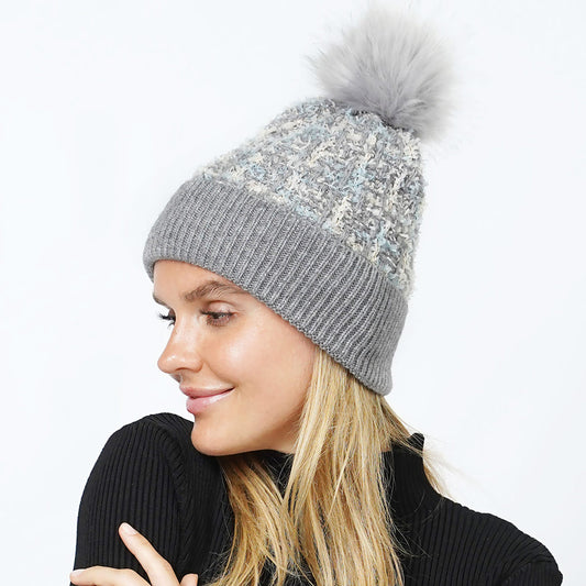HATEGORY Tweed Look Pom Pom Knit Beanie Hat