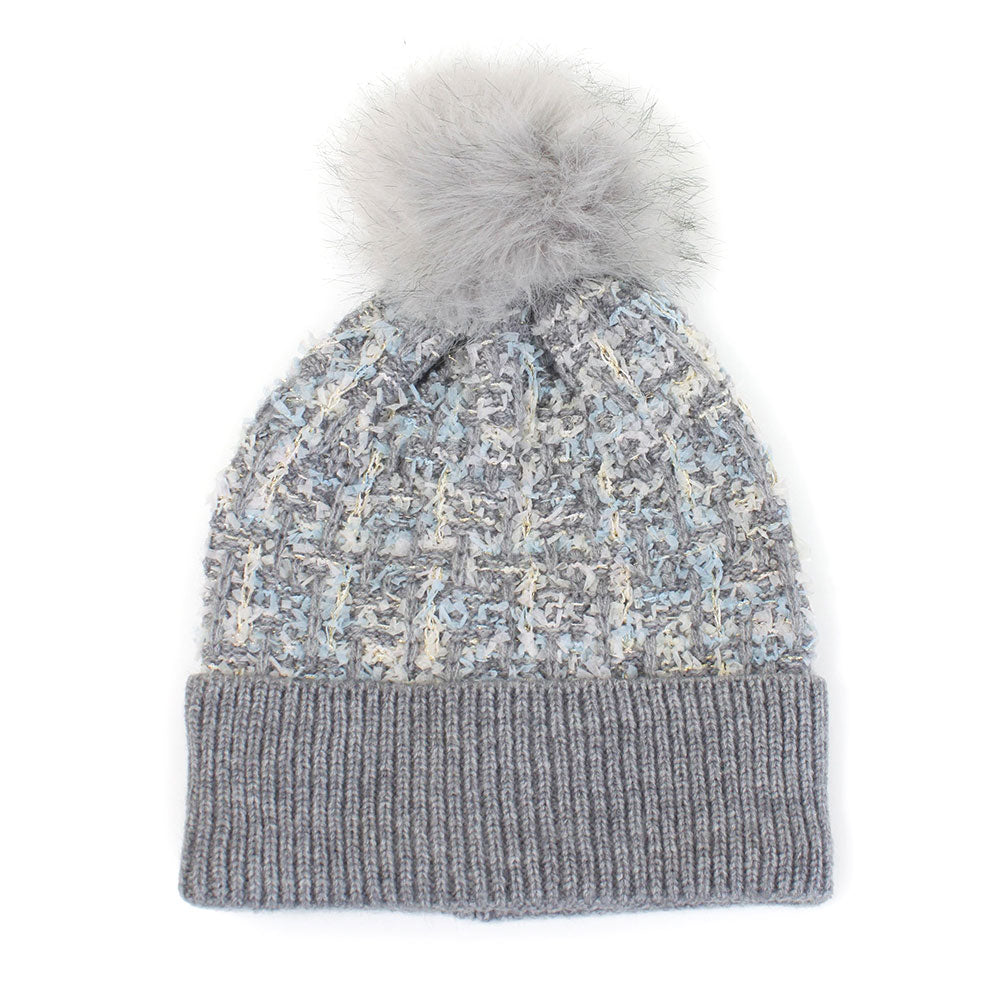 HATEGORY Tweed Look Pom Pom Knit Beanie Hat