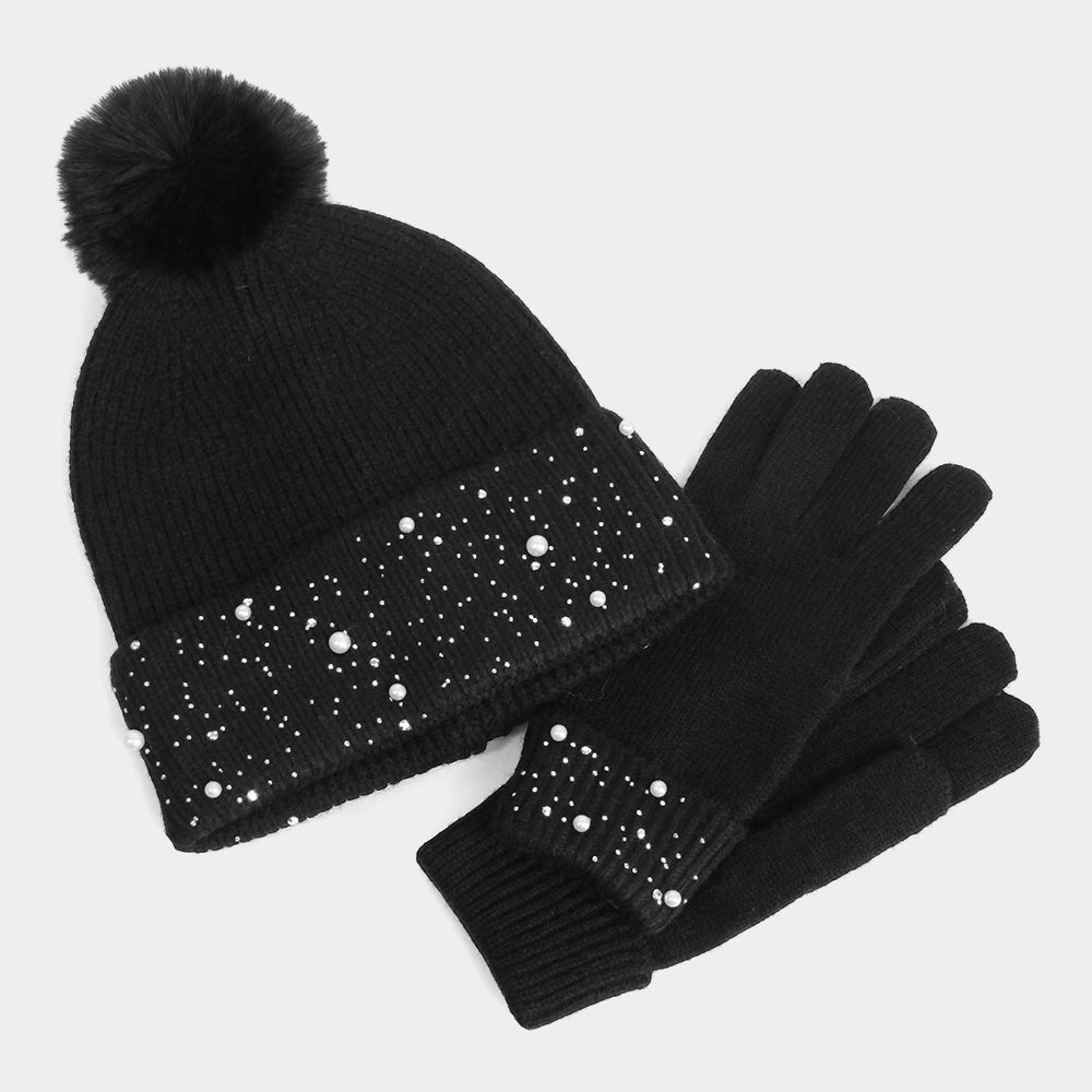 HATEGORY Pearl Stone Deco Embellished Pom Pom Beanie Hat Touch Smart Gloves Set
