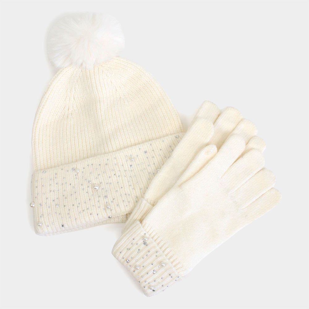 HATEGORY Pearl Stone Deco Embellished Pom Pom Beanie Hat Touch Smart Gloves Set
