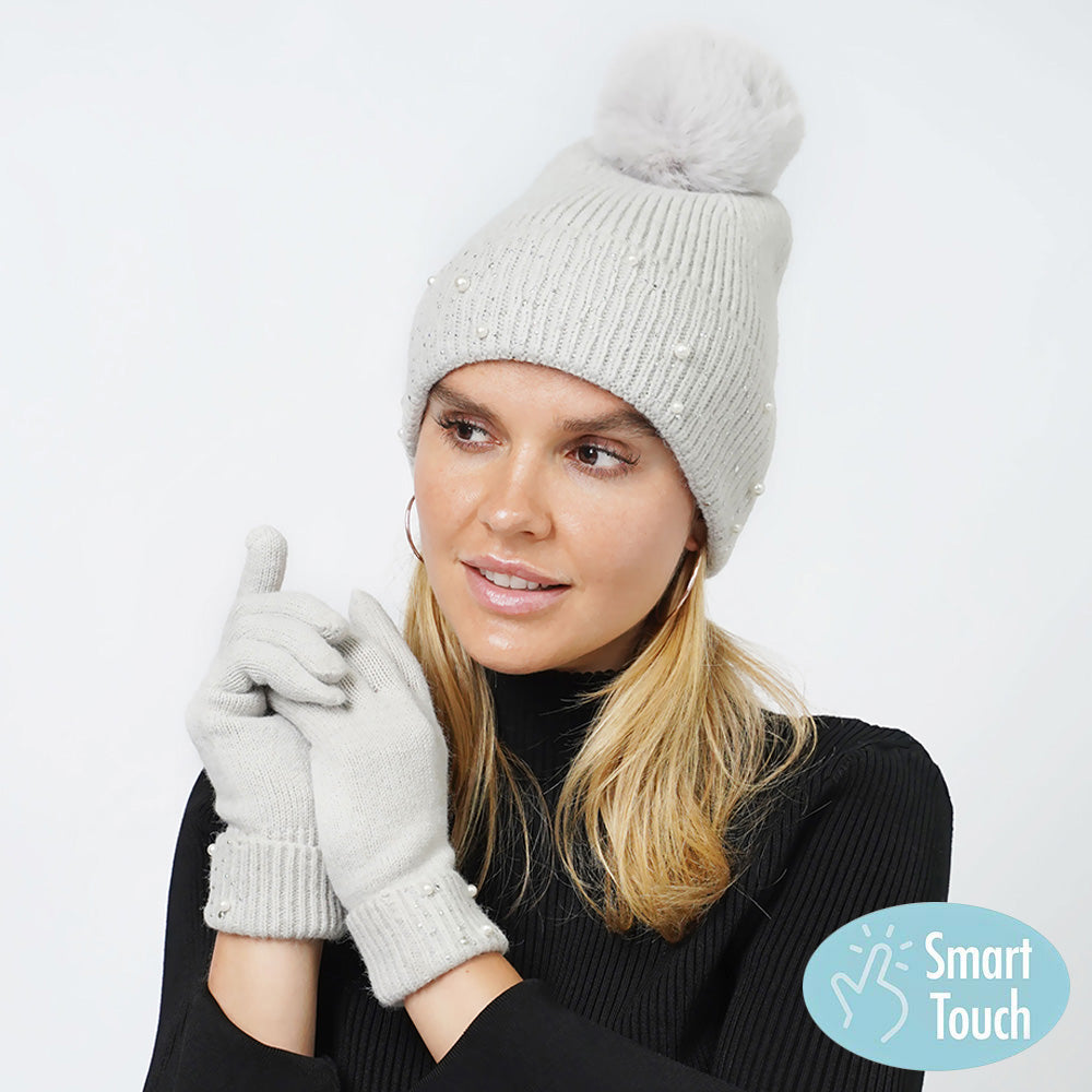HATEGORY Pearl Stone Deco Embellished Pom Pom Beanie Hat Touch Smart Gloves Set