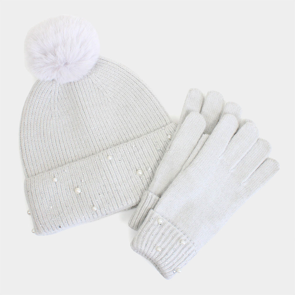 HATEGORY Pearl Stone Deco Embellished Pom Pom Beanie Hat Touch Smart Gloves Set