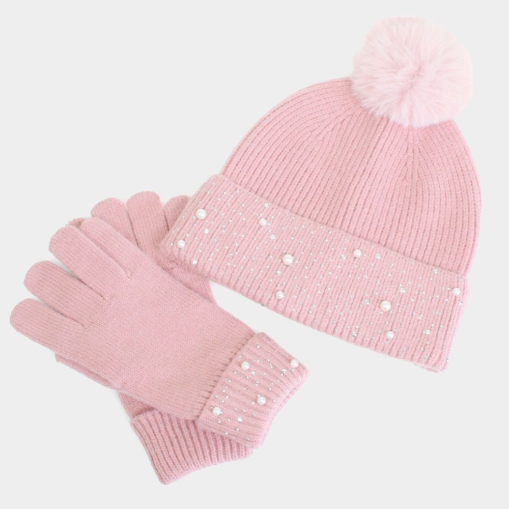 HATEGORY Pearl Stone Deco Embellished Pom Pom Beanie Hat Touch Smart Gloves Set