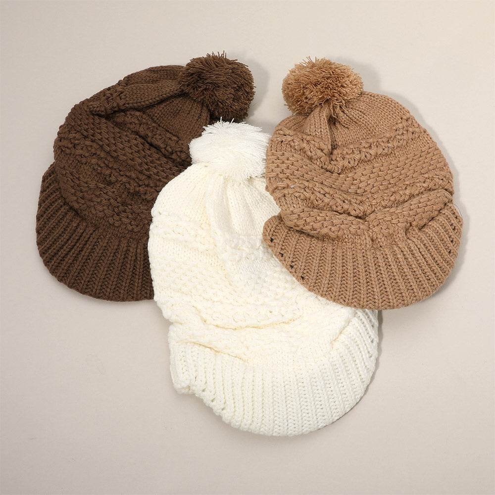 HATEGORY Knit Visor Pom Pom Beanie Hat