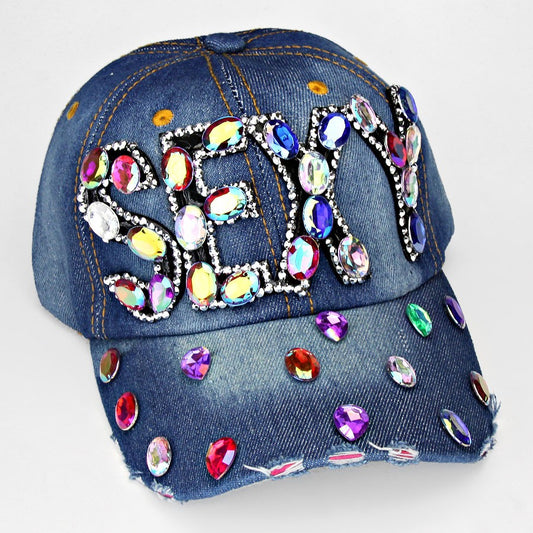HATEGORY "SEXY" Embedded Bling Denim Cap