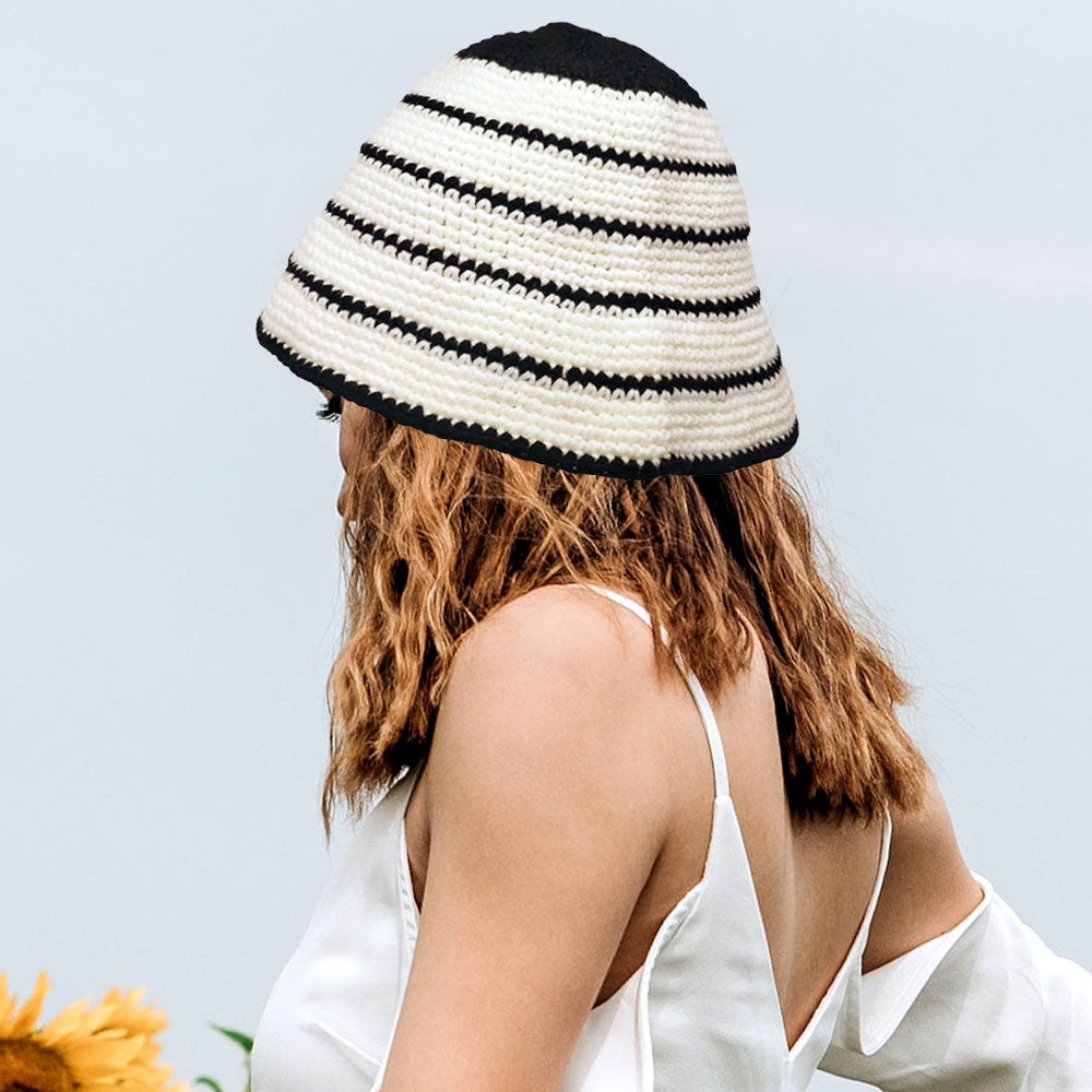 HATEGORY Wire Inserted Rim Crochet Knit Striped Pattern Bucket Hat