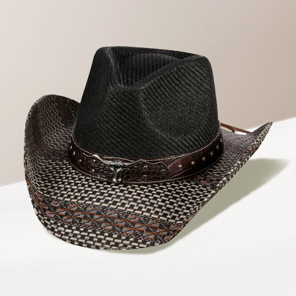 HATEGORY Steer Head Pointed Faux Leather Band Straw Cowboy Hat