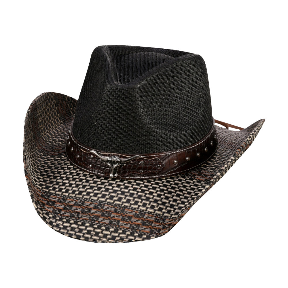 HATEGORY Steer Head Pointed Faux Leather Band Straw Cowboy Hat